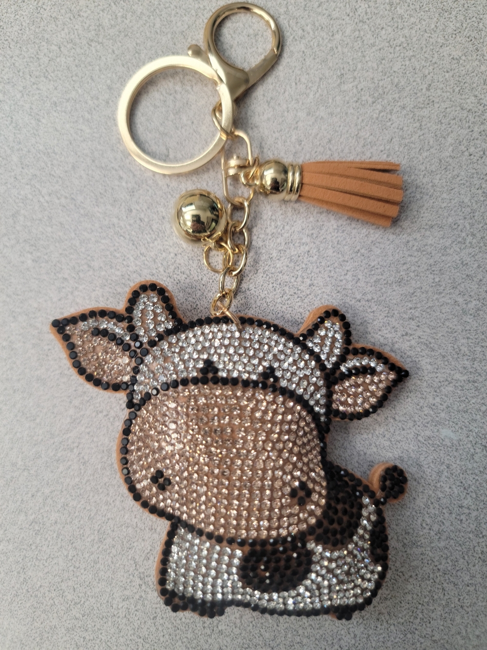 Kids Rhinestone Cow Keychain Charm - Tan